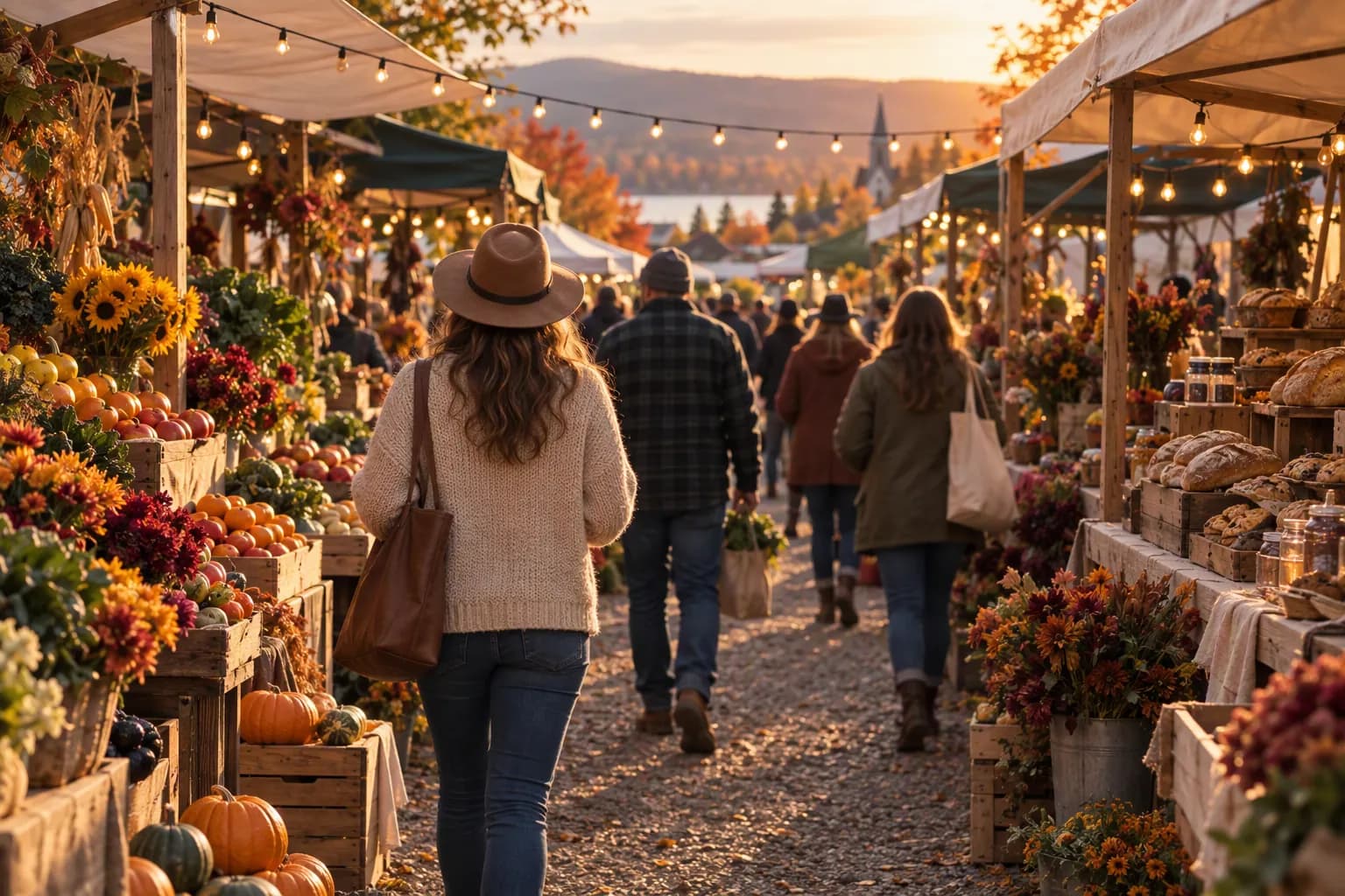 A busy Canadian farmers' market in autumn, with stalls of seasonal produce, flowers and baked goods under warm string lights
